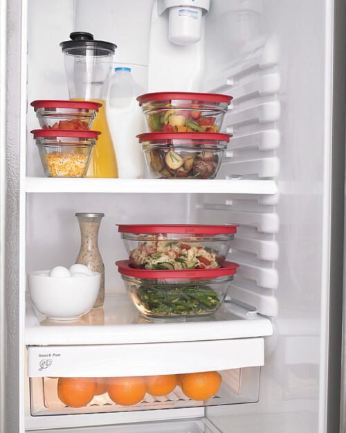 Glass food storage containers in a refrigerator