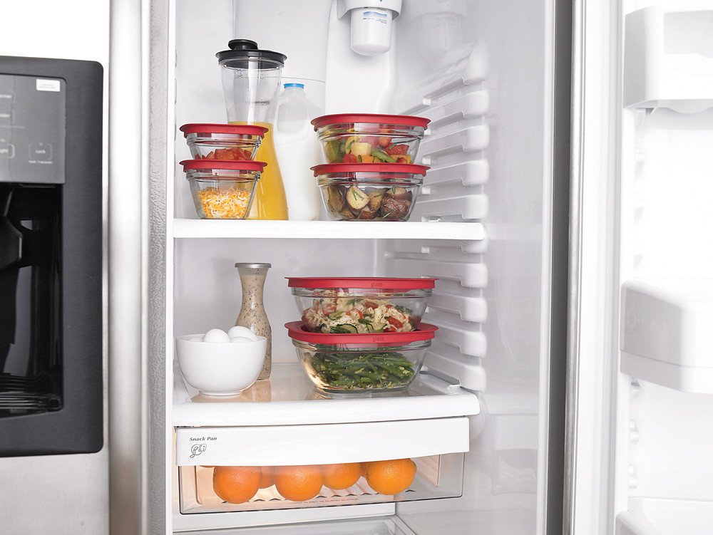 Glass food storage containers in a refrigerator
